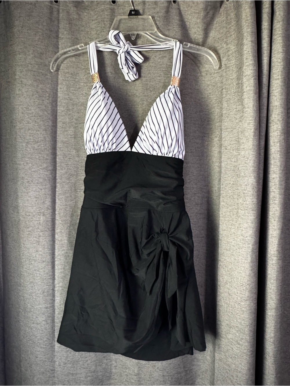 Striped Halter Empire Waist Swimdress - Black & White